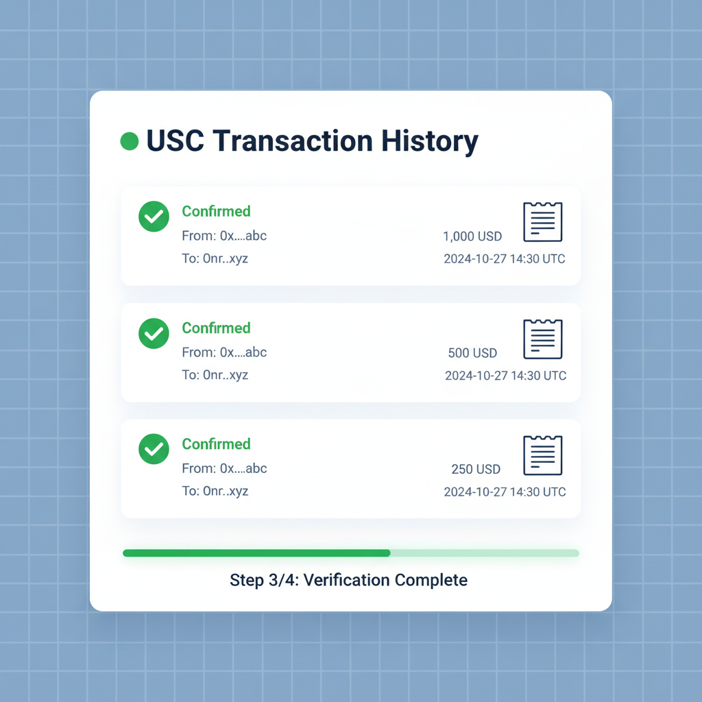 blockchain explorer screen showing confirmed USDC transactions green checkmarks receipts