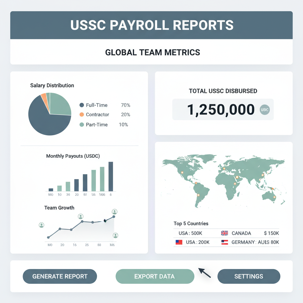analytics dashboard with USDC payroll reports charts graphs global team metrics