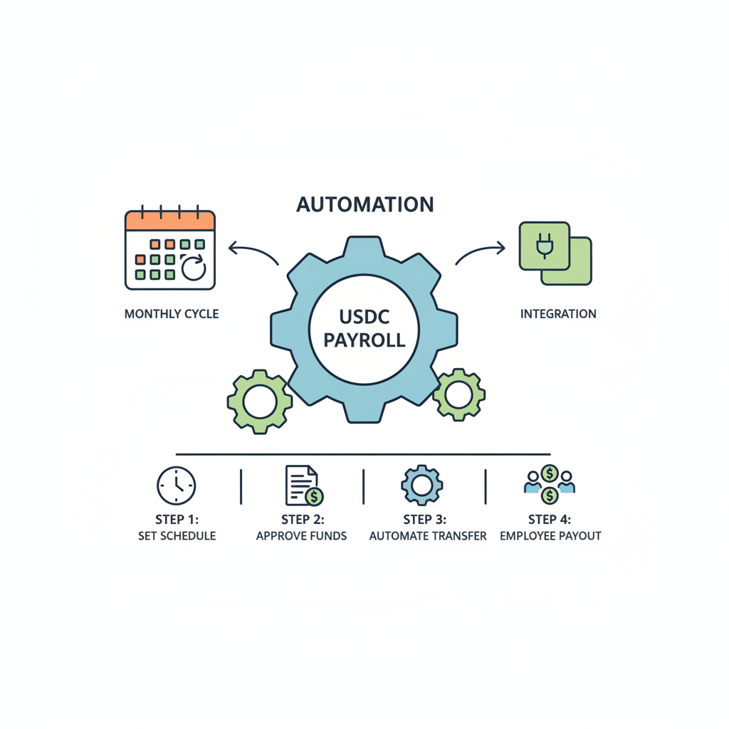 automation workflow diagram recurring USDC payroll cycles gears calendar integration