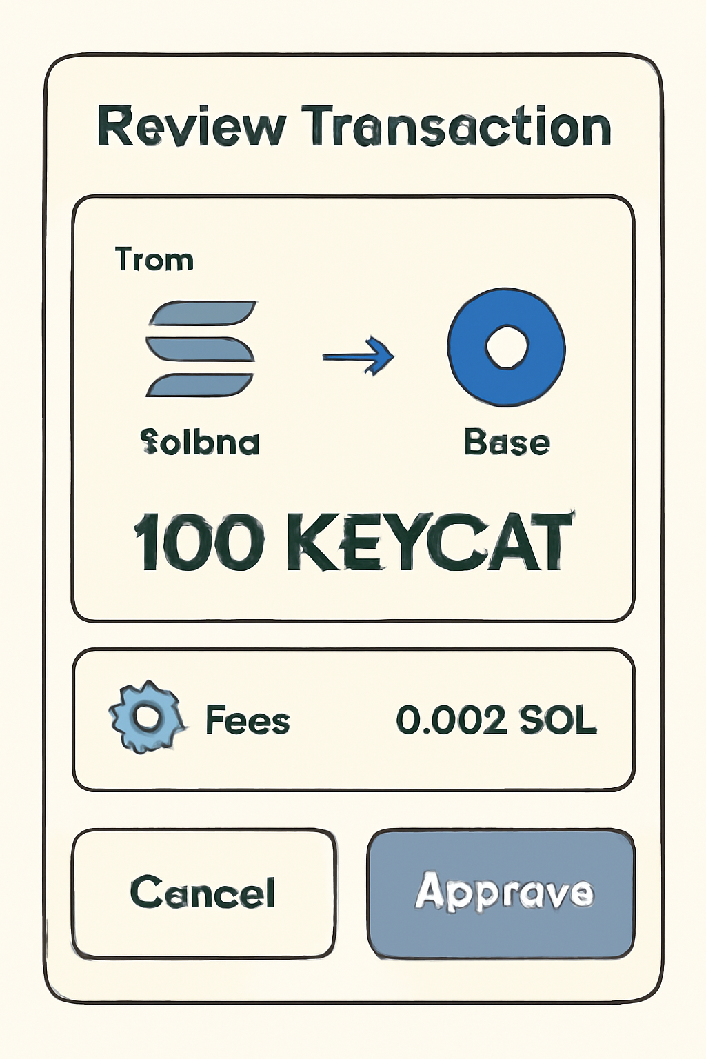 transaction review screen showing fees, KEYCAT amount, Solana to Base