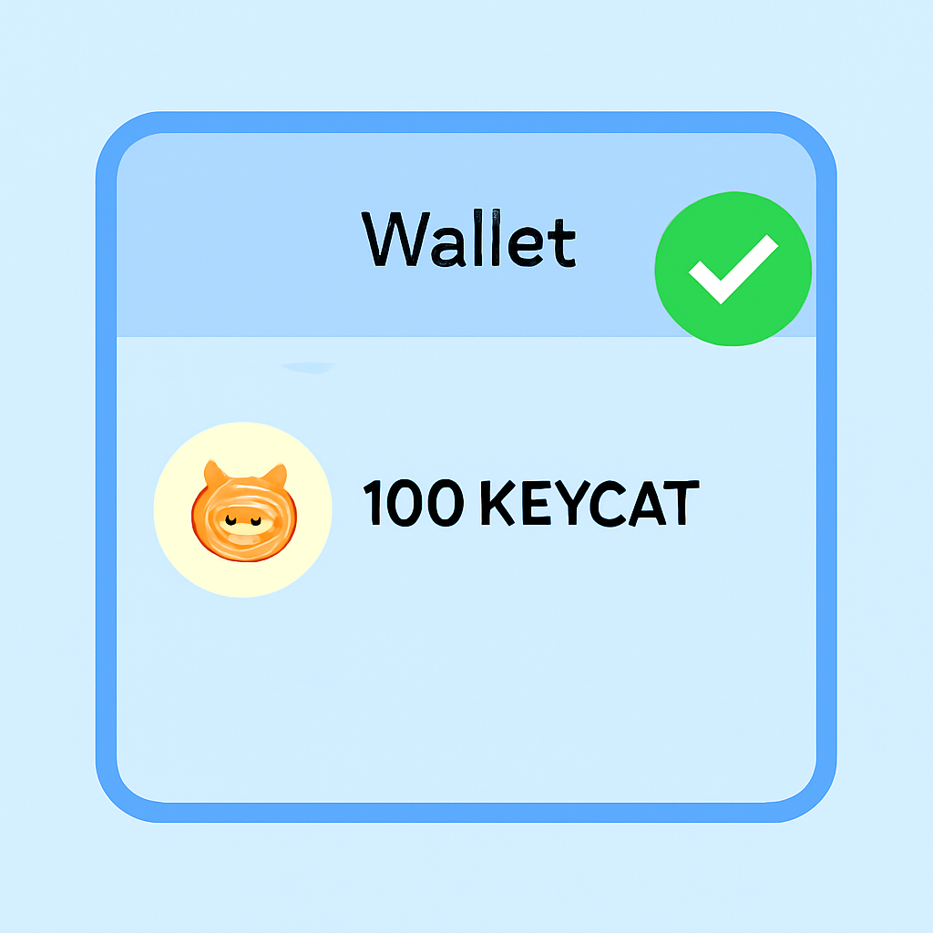 Base wallet showing received KEYCAT tokens, success checkmark