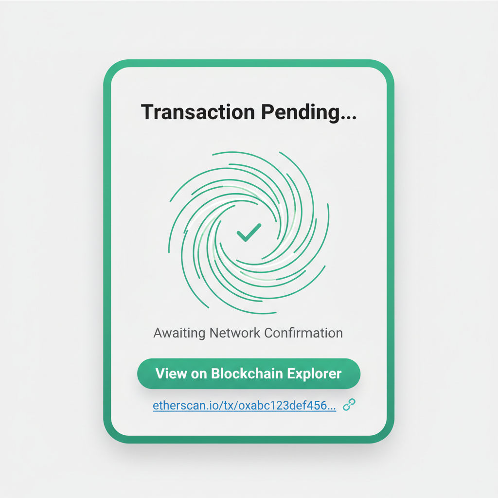 wallet transaction signing screen, blockchain explorer link, success animation pending, green accents