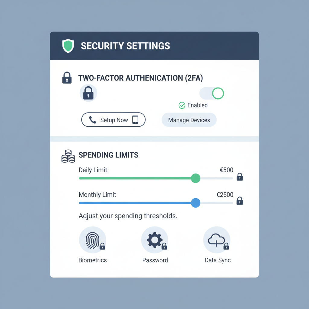 security settings panel, 2FA setup, spending limits sliders, lock icons, educational infographic
