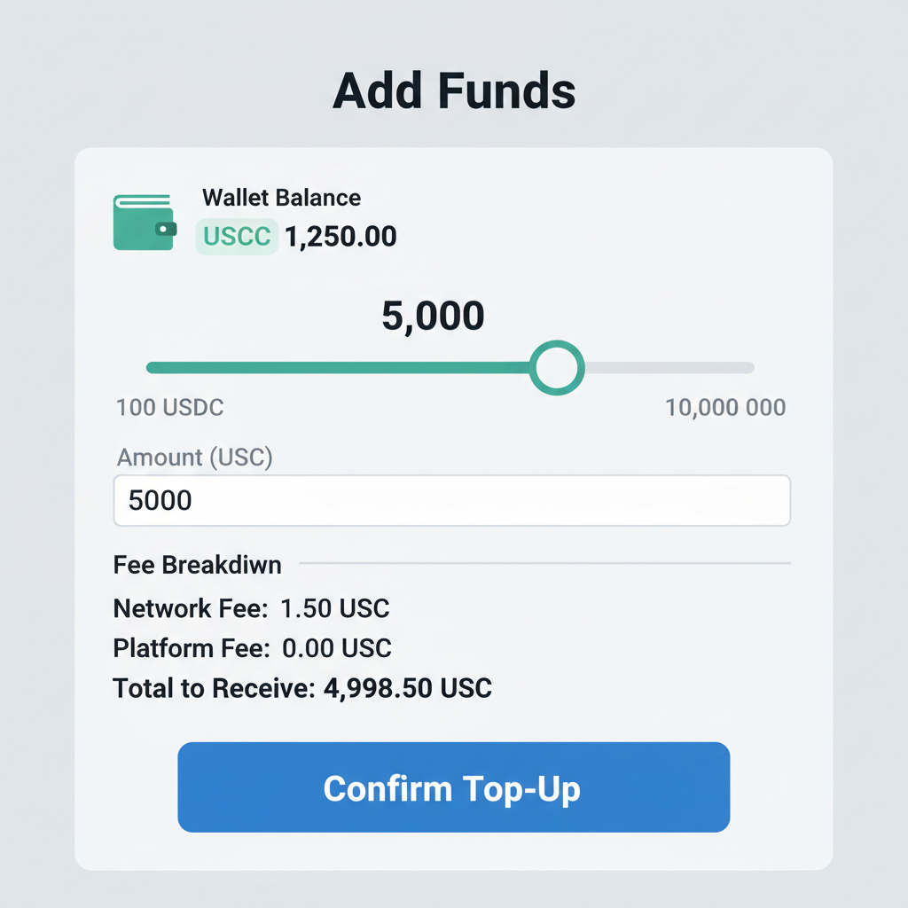 USDC top-up input form, amount slider, fee breakdown display, wallet balance shown, professional UI