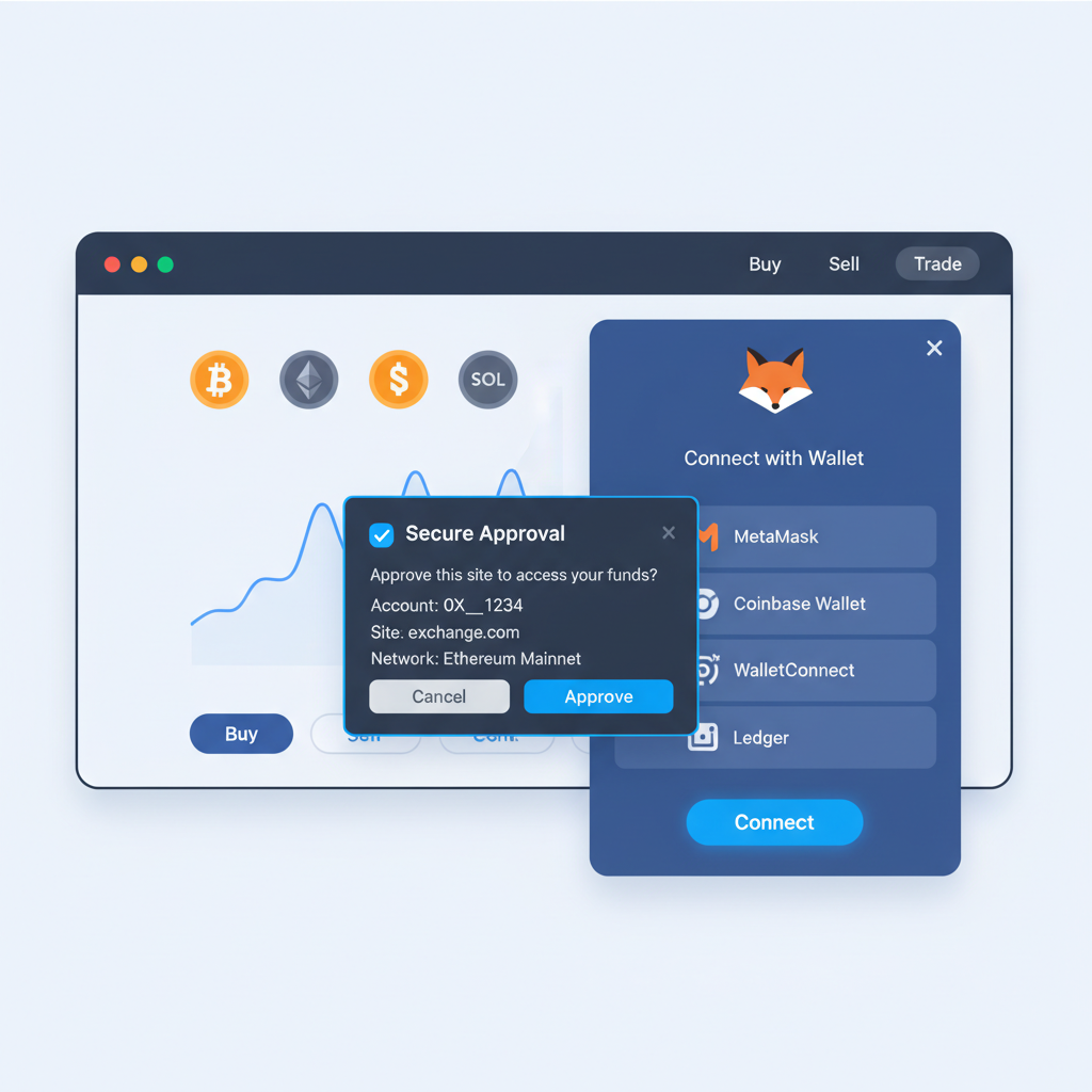 wallet connection interface on crypto platform, MetaMask popup, secure approval screen, modern design