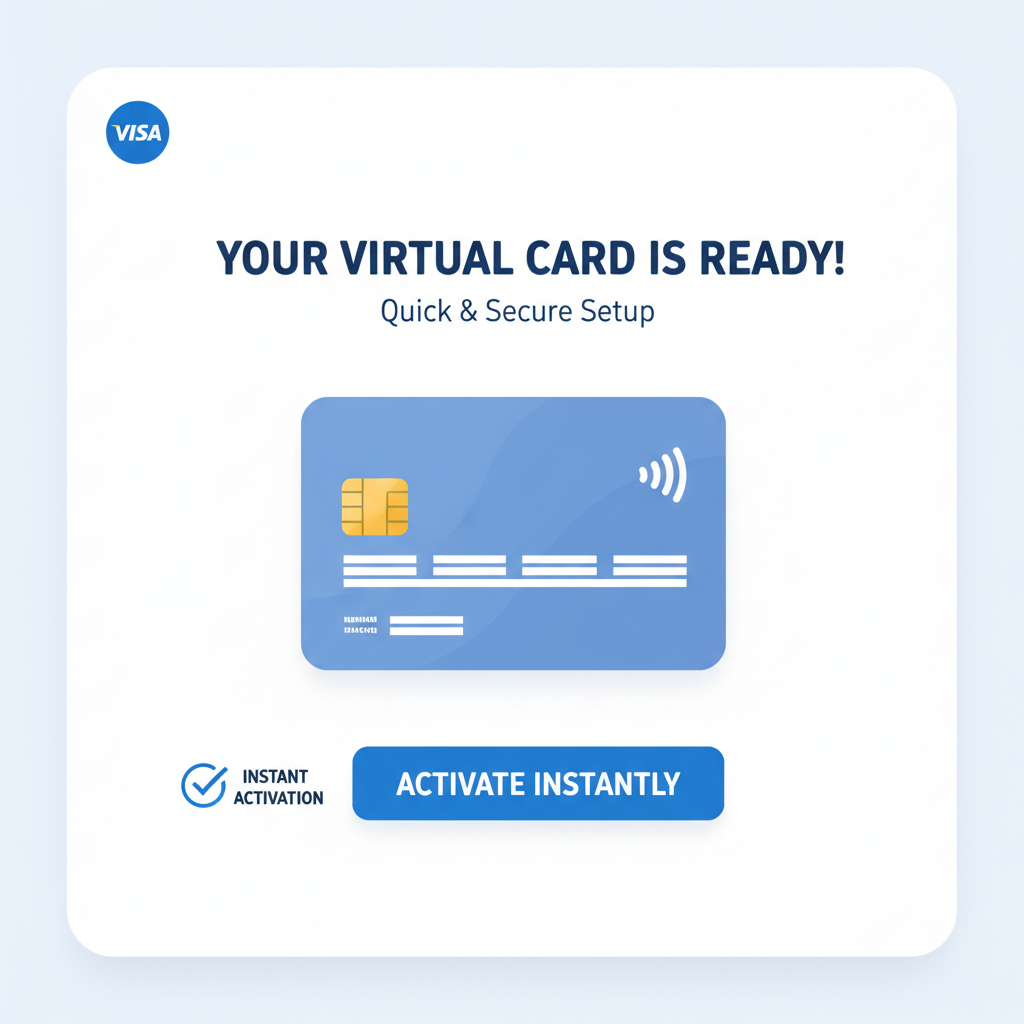 virtual Visa debit card issuance screen, card preview with chip and numbers blurred, instant activation button