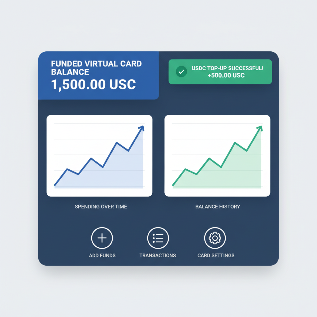 dashboard showing funded virtual card balance, USDC top-up success notification, charts