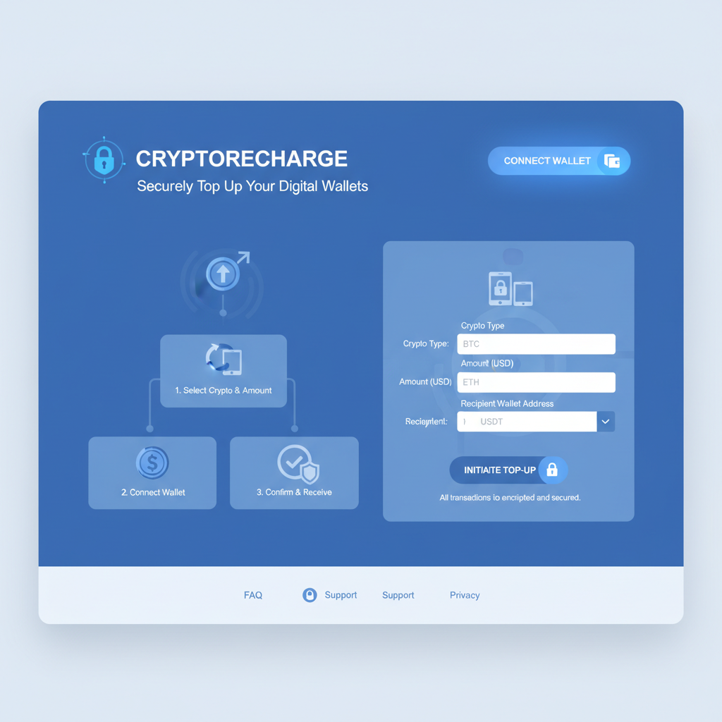 futuristic secure website homepage for crypto top-up service, clean UI, wallet connect button, padlock icon, blue tones