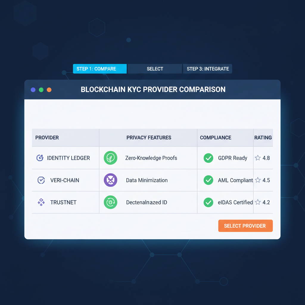 futuristic dashboard comparing blockchain KYC providers with privacy icons