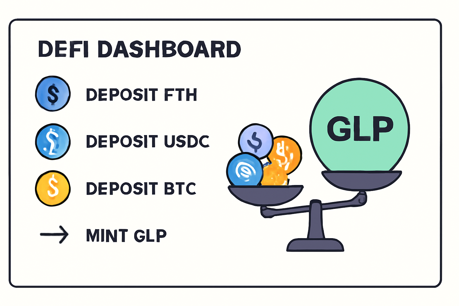 A DeFi dashboard showing the process of depositing ETH, USDC, and BTC to mint GLP tokens, with a visual of a balanced asset basket.