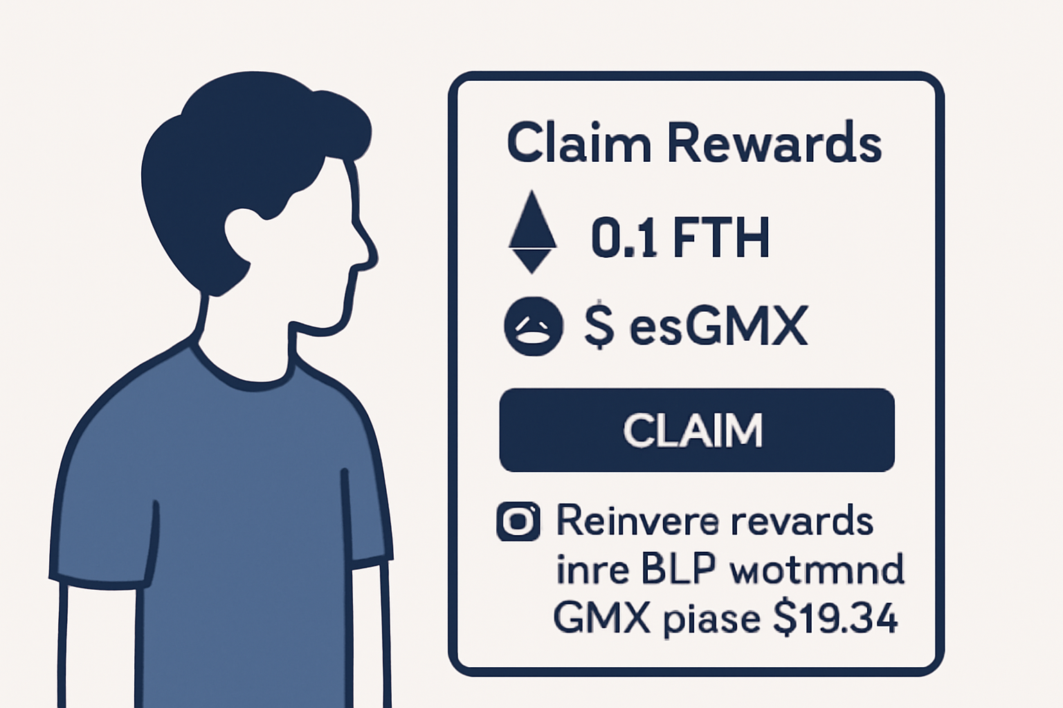 A user claiming ETH and esGMX rewards, with an option to reinvest them into GLP at the current GMX price of $10.54.