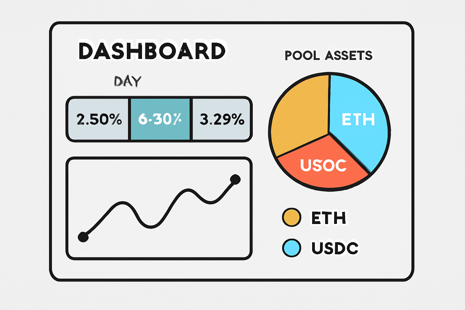 A dashboard displaying changing APY percentages and a pie chart of pool asset composition, with highlighted ETH and USDC sections.
