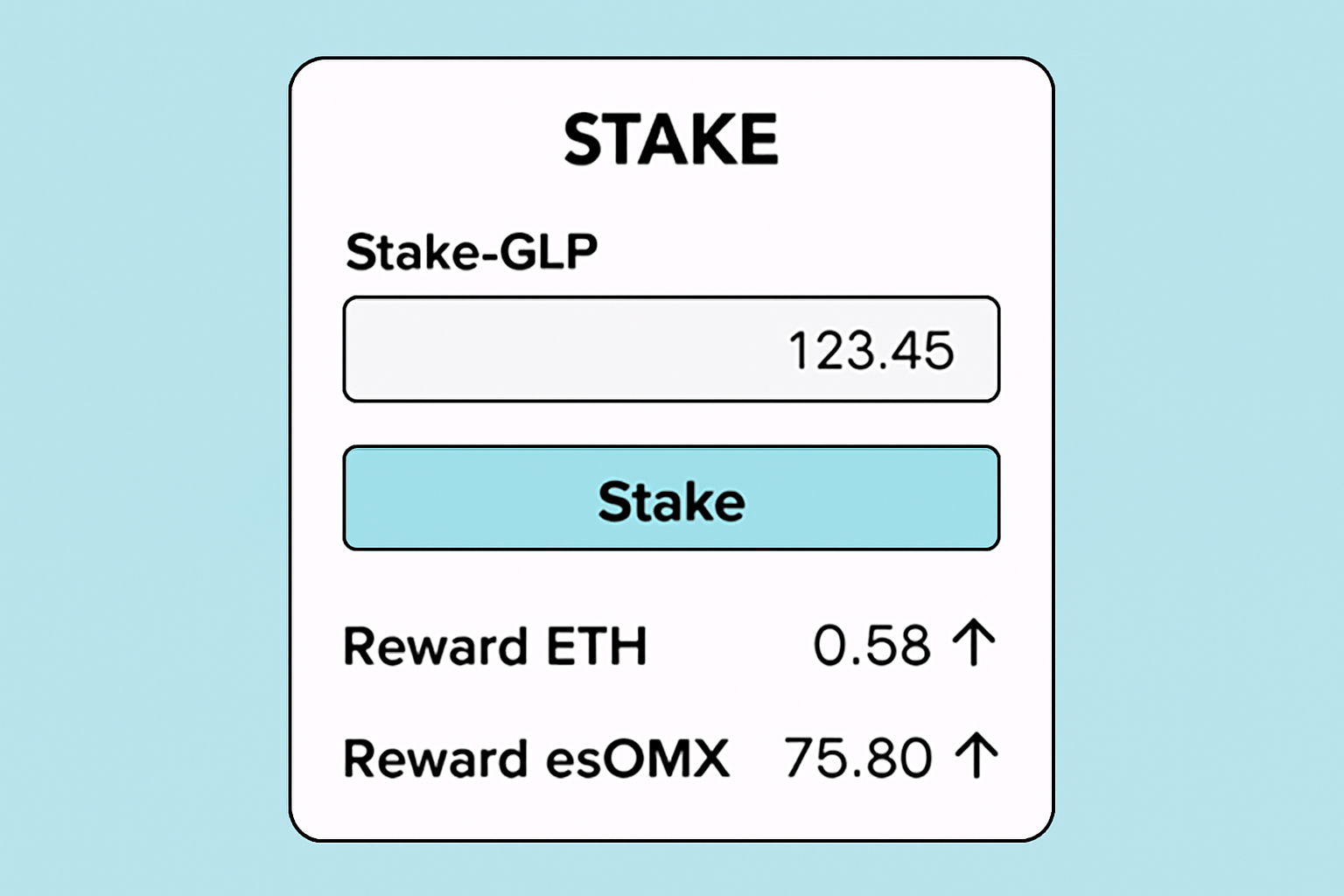 A staking interface with GLP tokens being staked and reward balances for ETH and esGMX increasing.