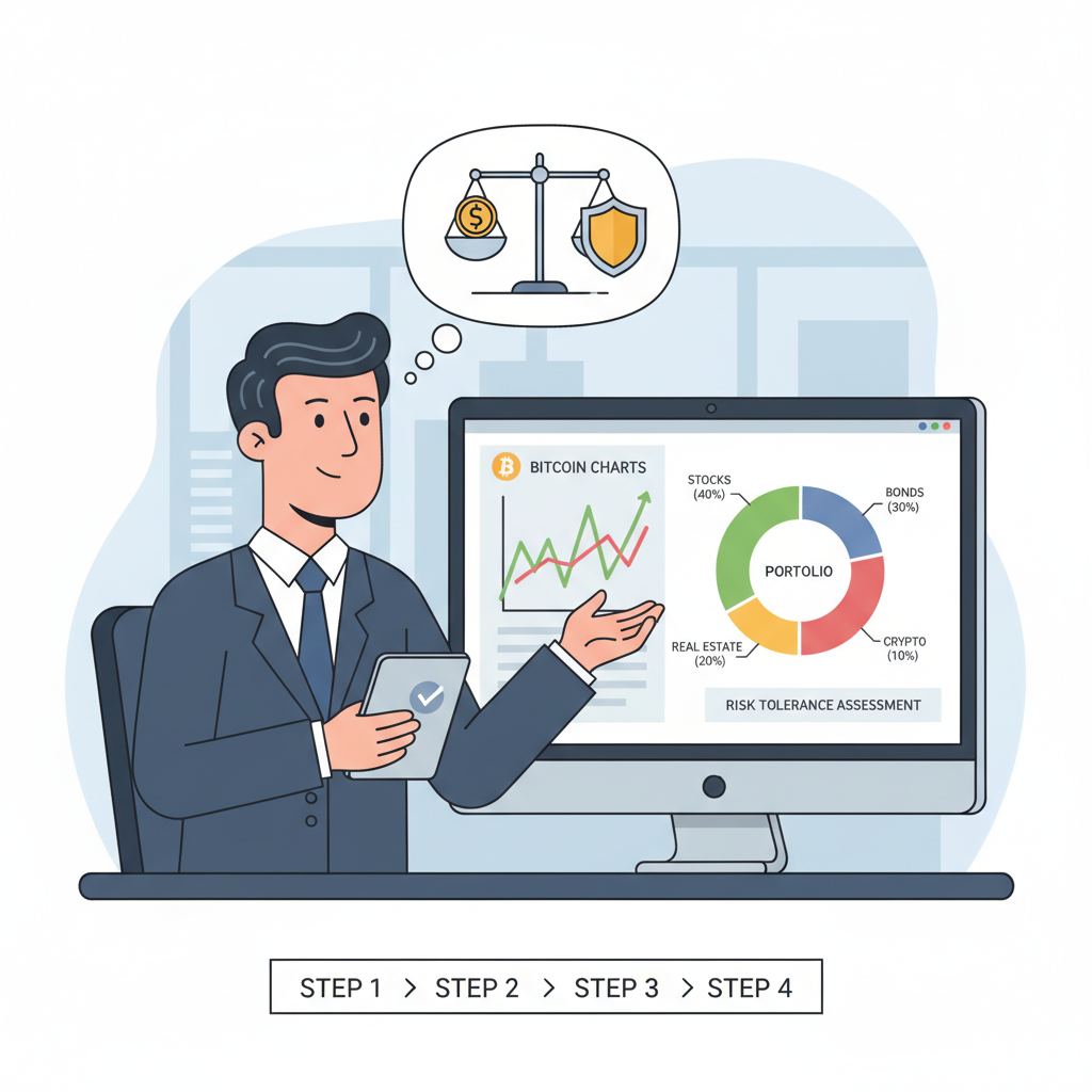 professional investor assessing risk tolerance with Bitcoin charts and portfolio pie chart on screen
