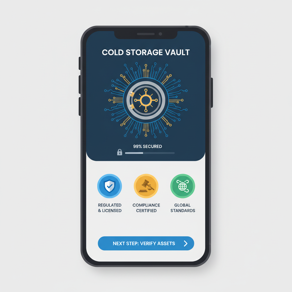 secure crypto exchange app interface showing cold storage vault and regulatory badges
