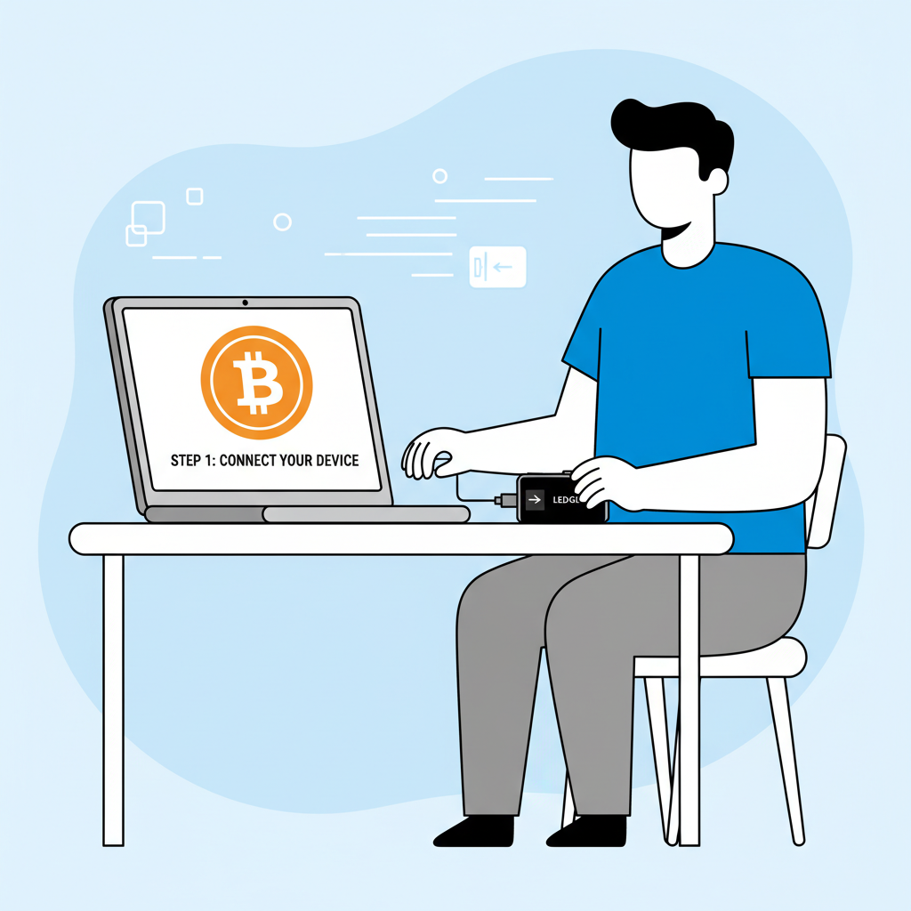 person setting up Ledger hardware wallet connected to computer with Bitcoin logo