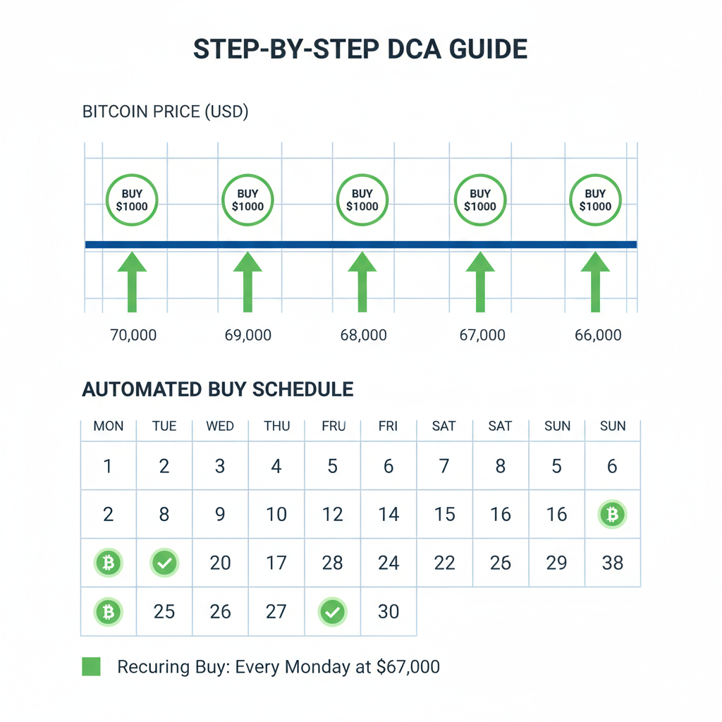 DCA chart showing Bitcoin buys at $67k levels with automated calendar schedule