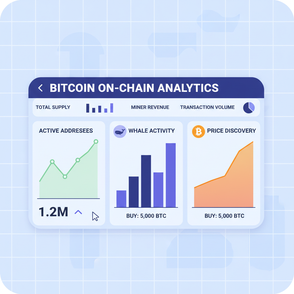 dashboard with Bitcoin on-chain metrics graphs, active addresses, and whale activity