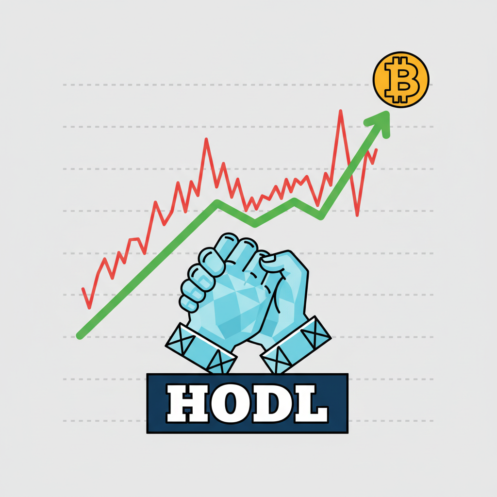 diamond hands HODL meme with Bitcoin chart rising long-term through volatility dips