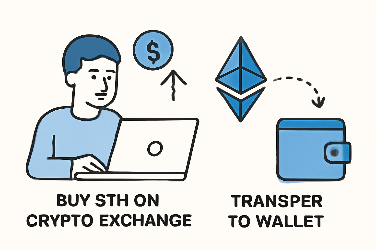A person buying ETH on a crypto exchange and transferring it to their wallet, with ETH symbols and wallet icons.