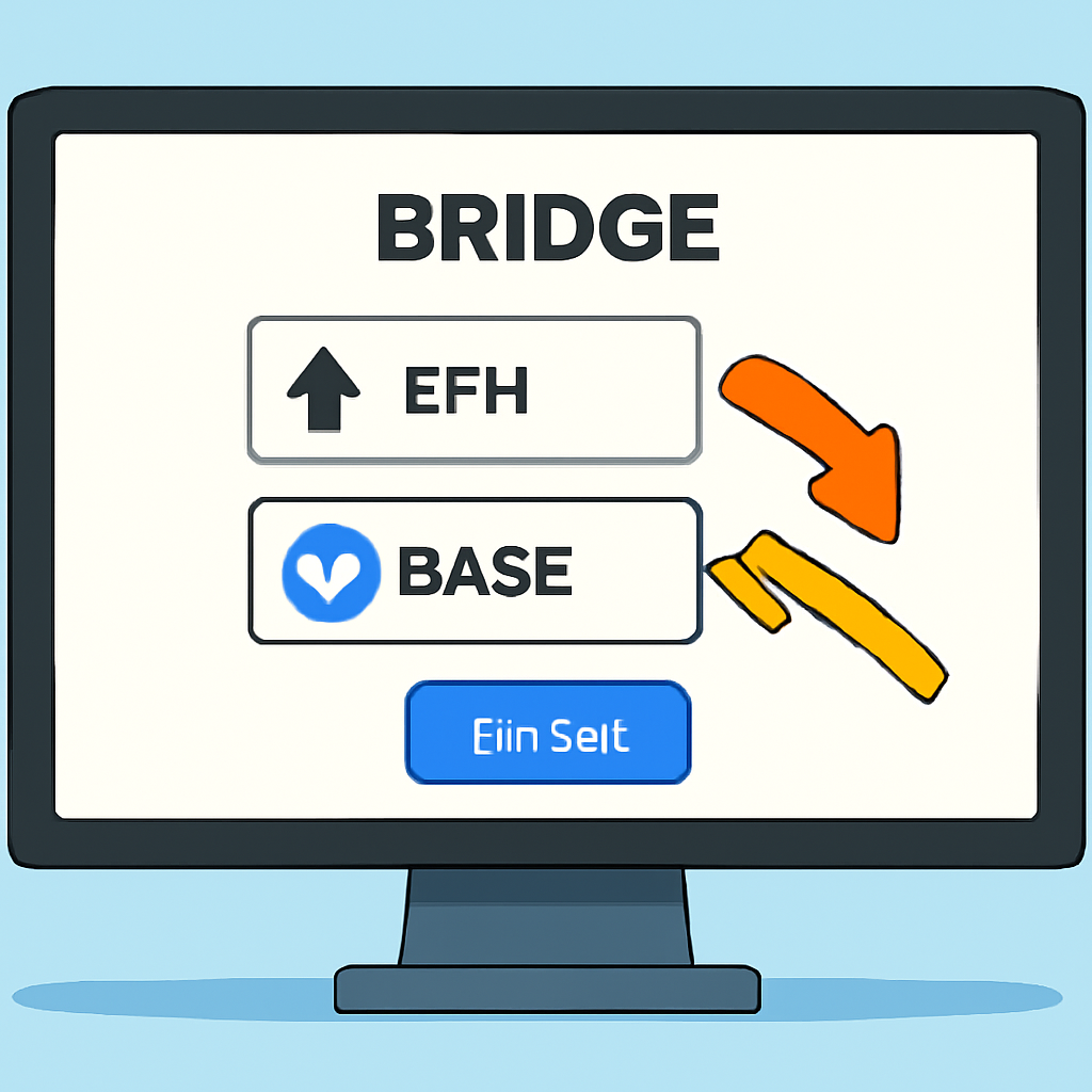 A computer screen showing a bridge platform interface, with ETH selected and arrows pointing to the Base network logo.