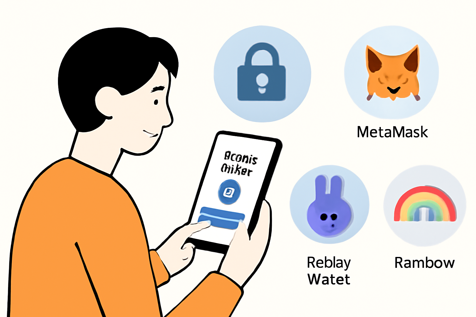 A person setting up a crypto wallet on their smartphone, with icons for MetaMask, Rabby Wallet, and Rainbow Wallet, and a lock symbol for security.