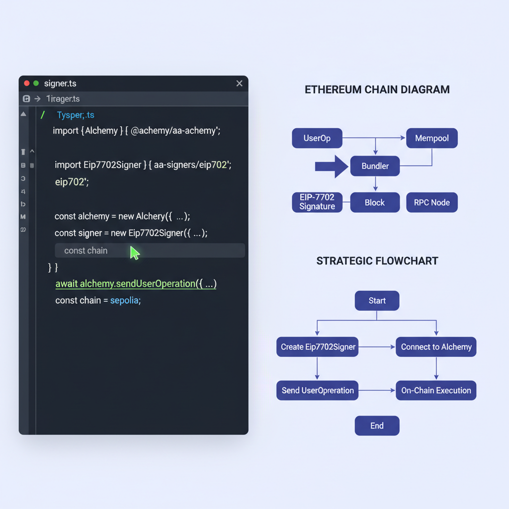code editor configuring TypeScript signer for EIP-7702 Alchemy client, Ethereum chain diagrams, strategic flowchart