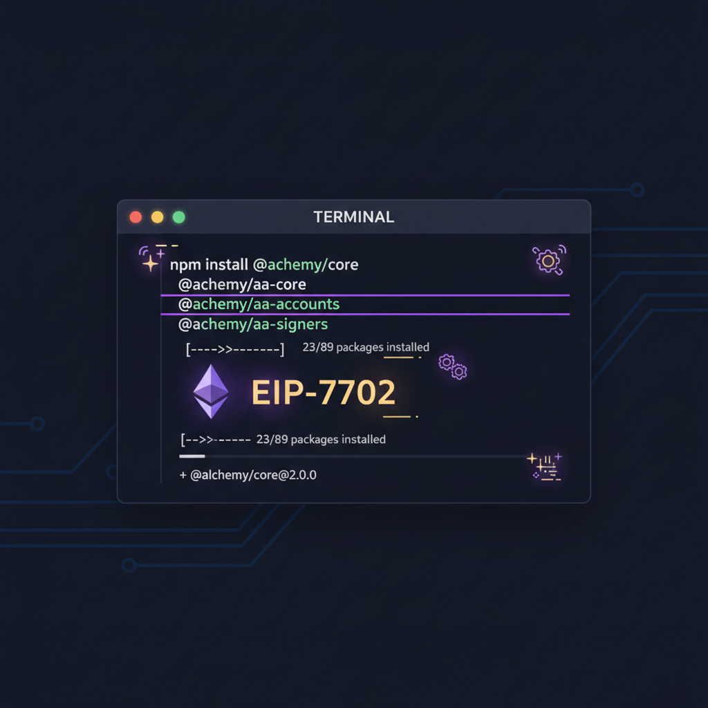 terminal window installing npm packages for Alchemy SDK, Ethereum EIP-7702 icons glowing, dark developer theme