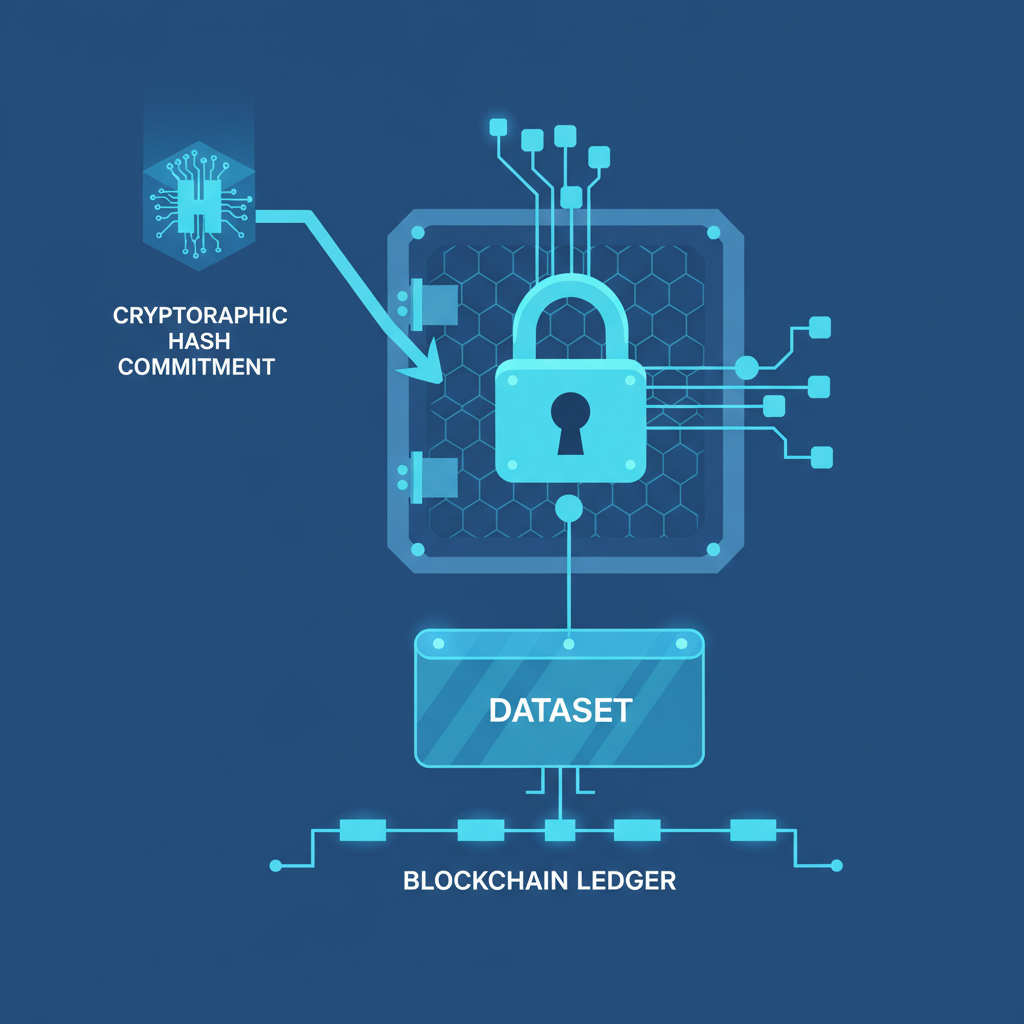 cryptographic hash commitment locking a dataset in a secure vault, futuristic blockchain style, blue tones