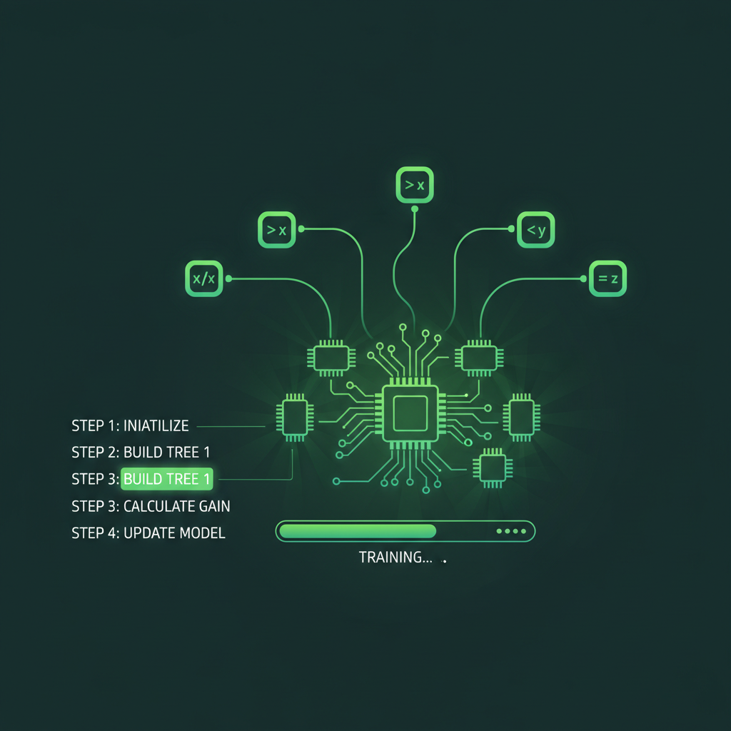 XGBoost tree model training with fixed-point math circuits glowing, machine learning visualization, green gradients