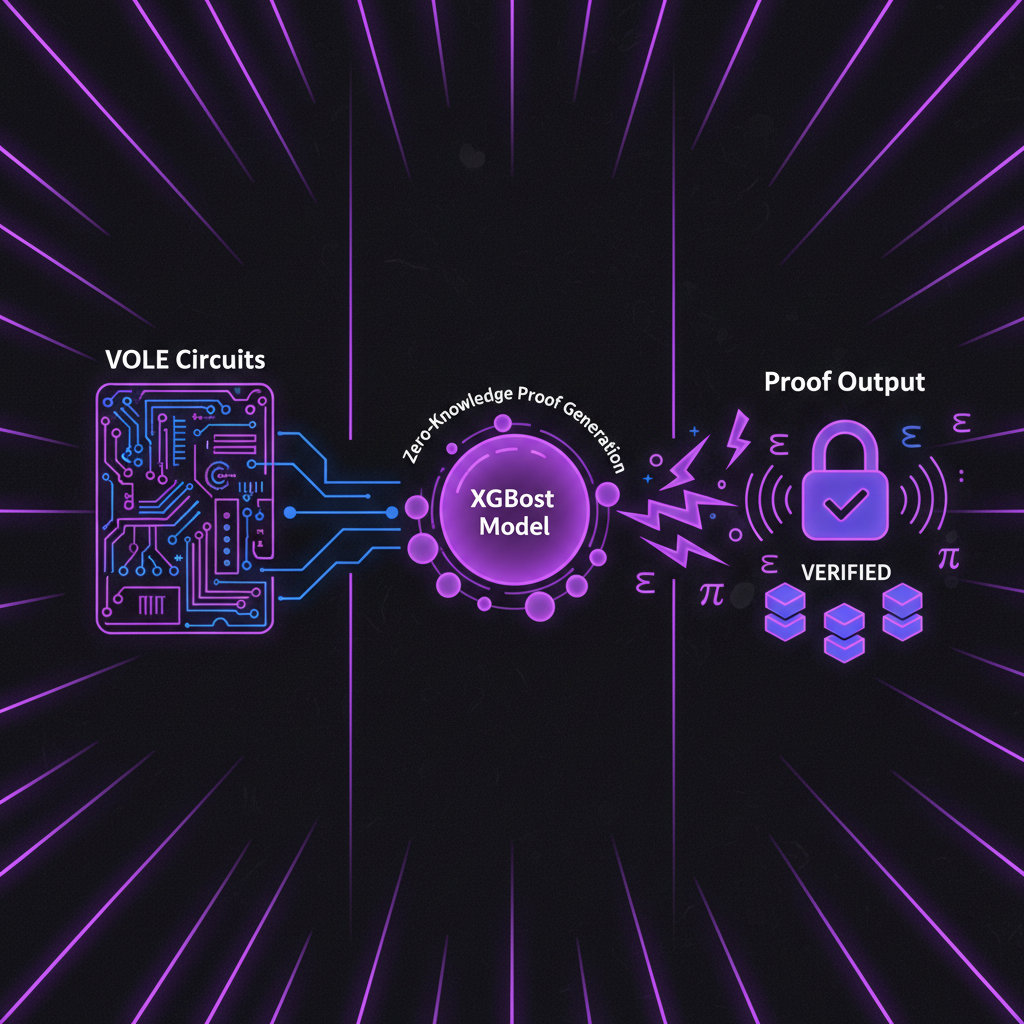 VOLE circuits generating zero-knowledge proof for XGBoost, abstract electric flows and proofs, purple neon