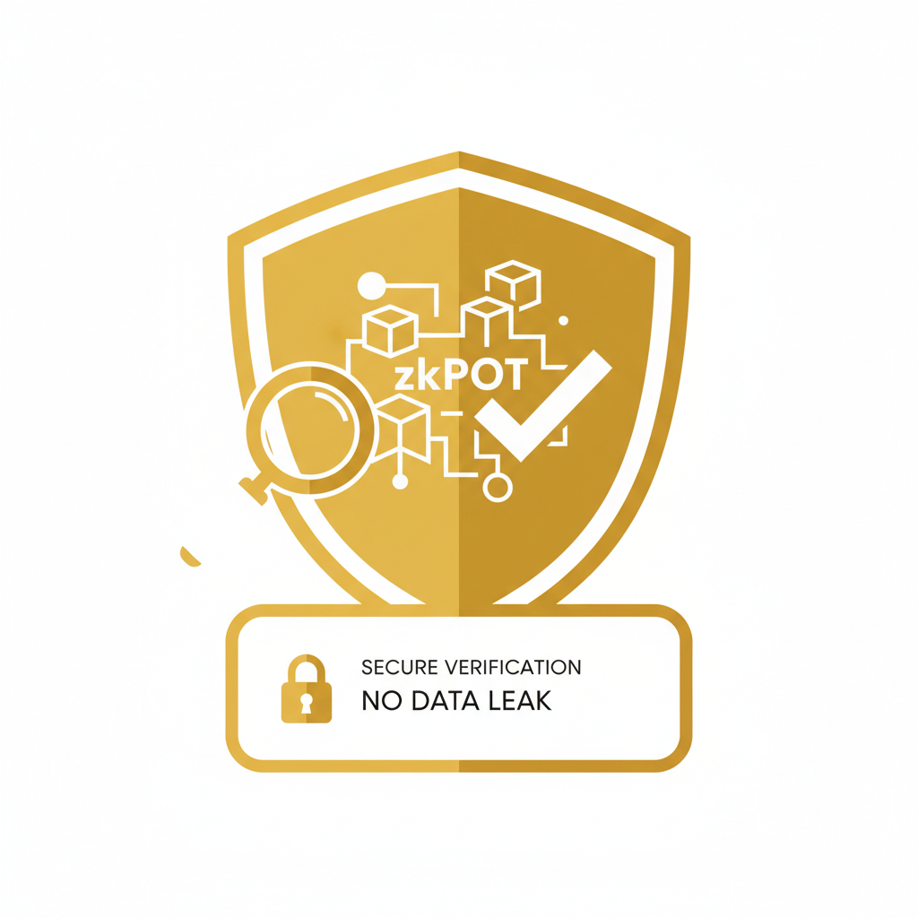 verifier checking zkPoT proof icon with checkmark, no data leak, secure verification dashboard, gold and white