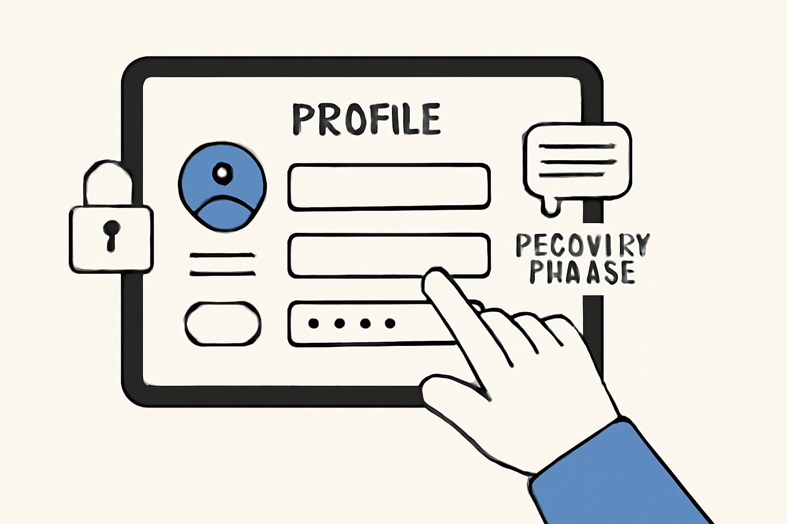A user filling out a profile form on a digital device, with a lock and recovery phrase icon visible
