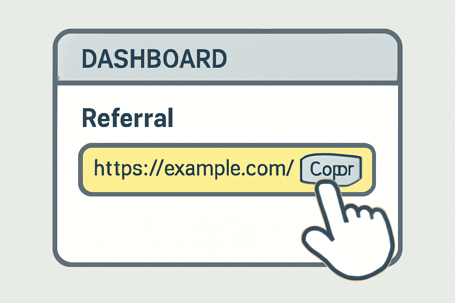 A dashboard screen showing a highlighted referral link and a 'Copy' button being clicked