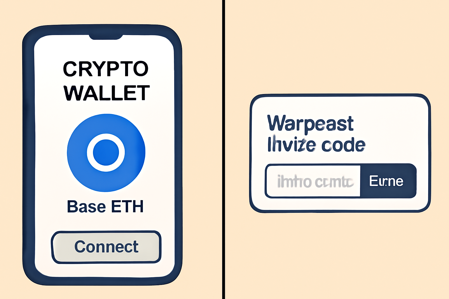 A split screen showing two options: one with a crypto wallet and Base ETH symbol, another with a Warpcast invite code entry field