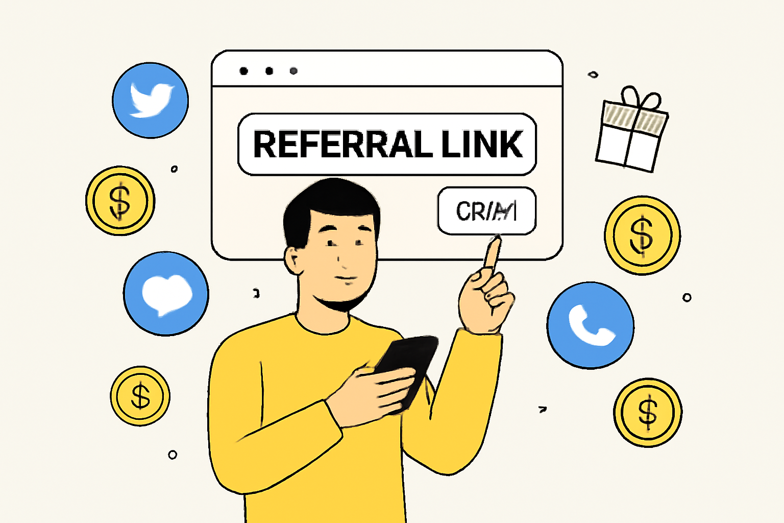 A person sharing a referral link via social media and chat apps, with tokens and reward icons floating around