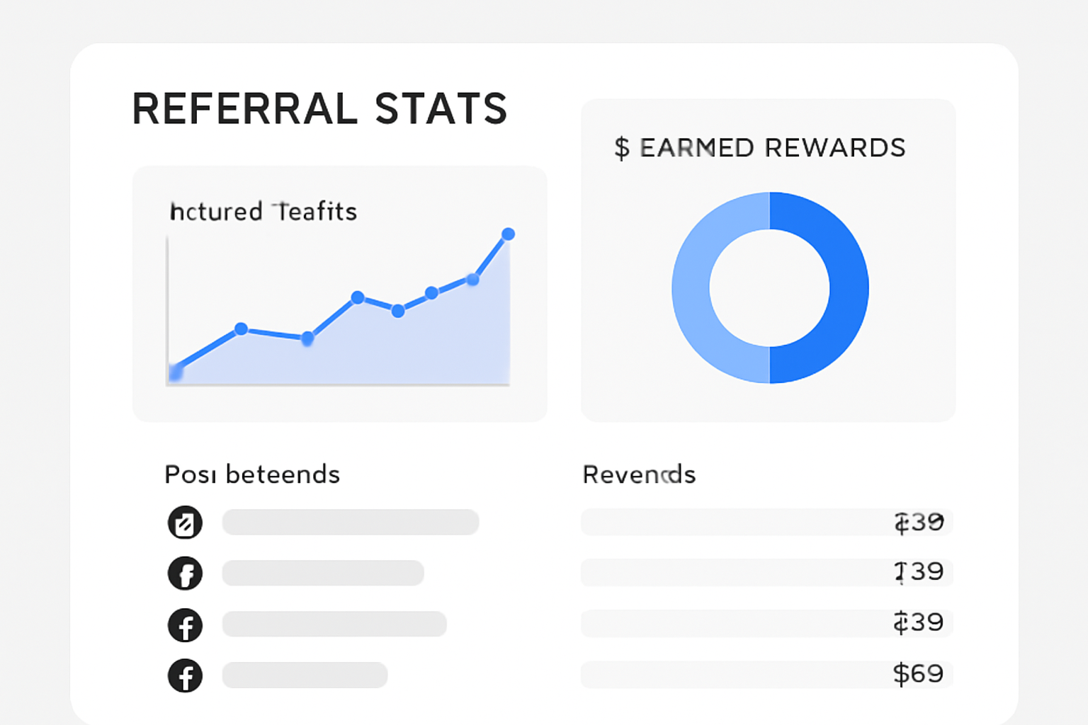A dashboard with charts and lists showing referral stats and rewards earned