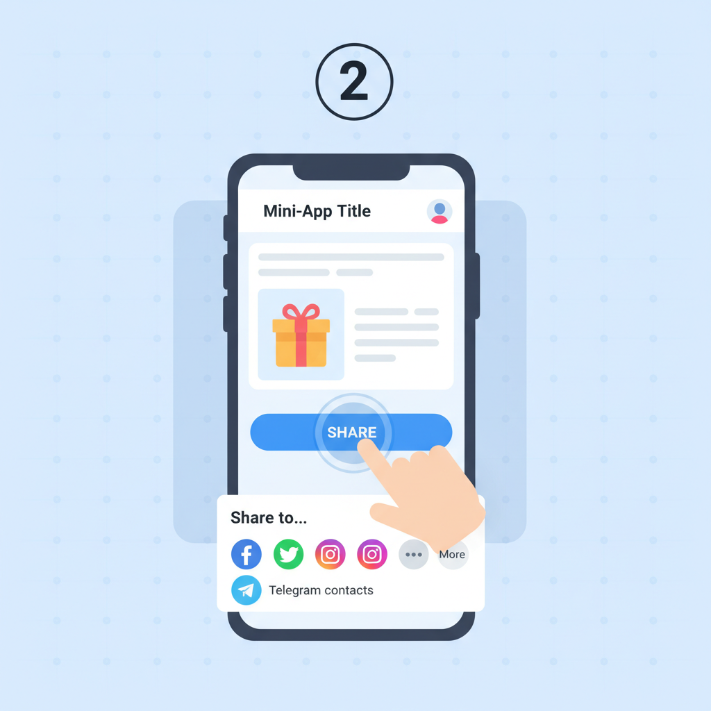 Telegram mini-app with prominent share buttons, user tapping share to contacts, vibrant social media icons