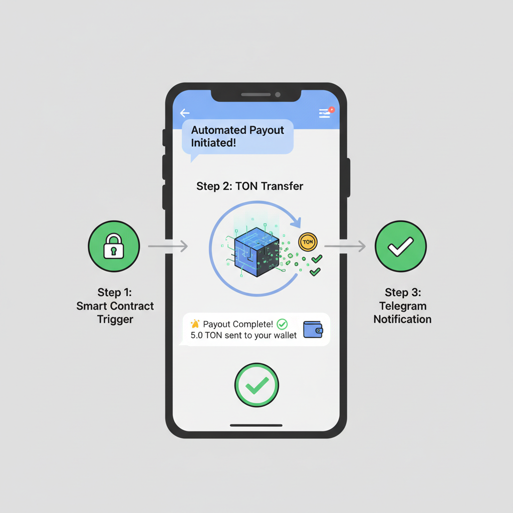 Automated Toncoin payout flow in Telegram app, smart contract animation transferring TON, green success checkmarks