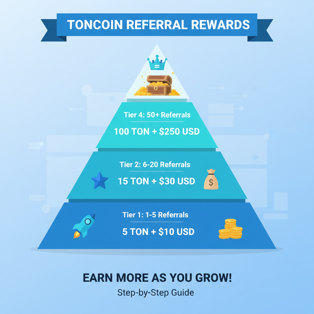 Tiered reward chart for Toncoin referrals, pyramid graphic with TON icons and dollar values, modern infographic style