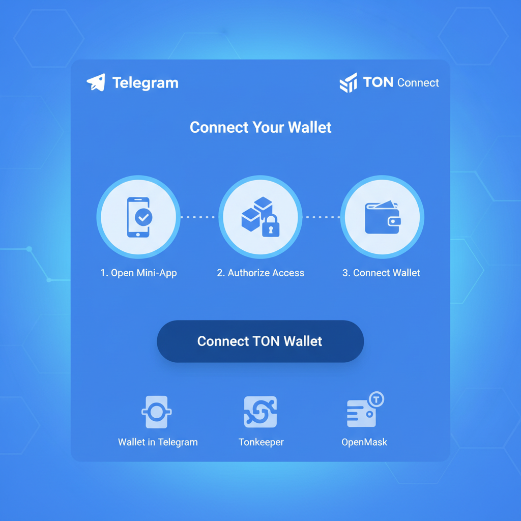 Telegram mini-app screen integrating TON Connect wallet, futuristic blockchain interface, clean UI, blue tones