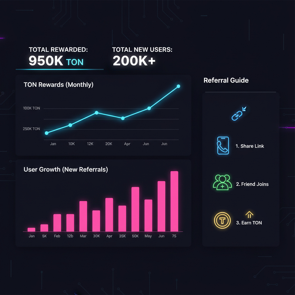 Analytics dashboard for Telegram referral program, graphs showing TON rewards and user growth, data visualization neon style