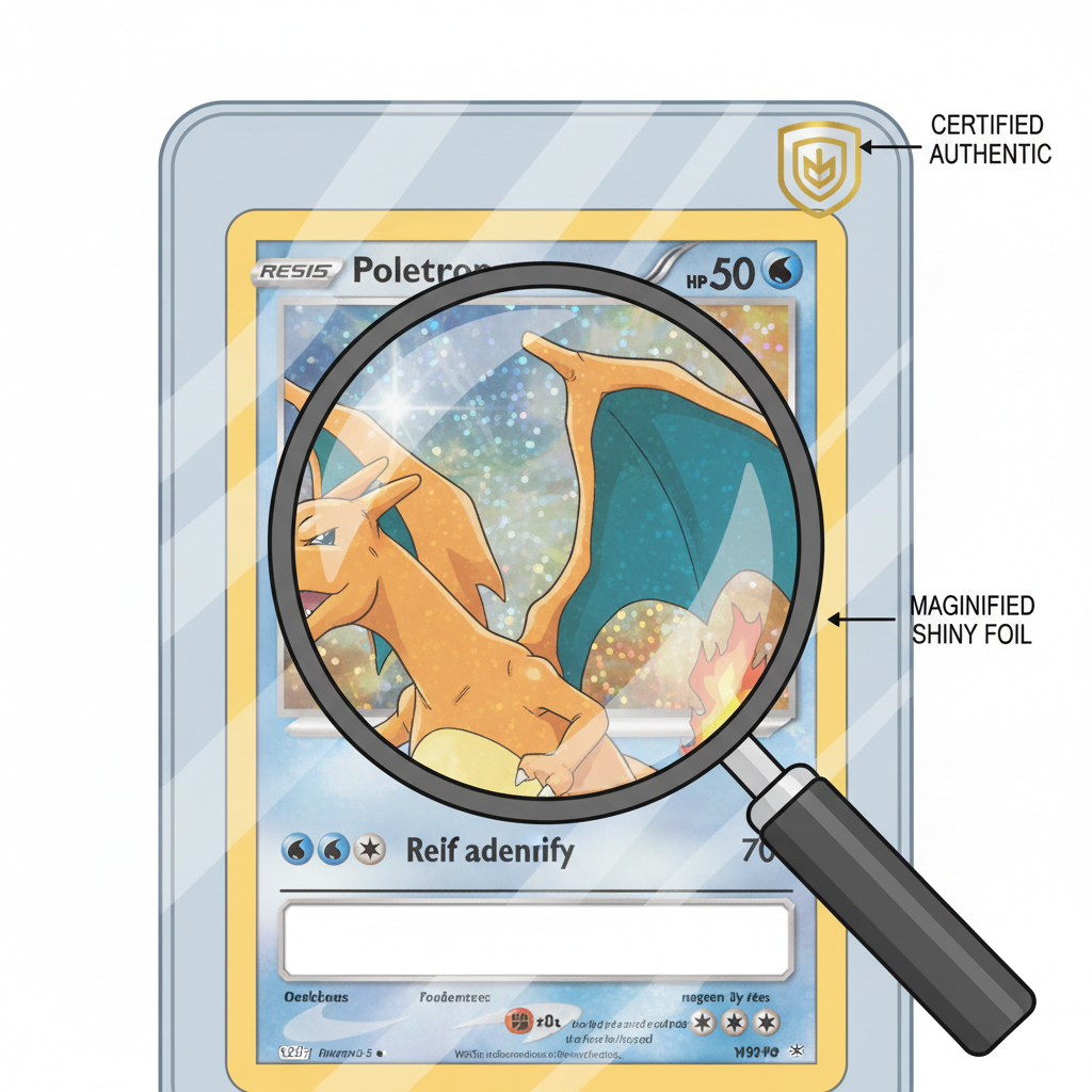 close-up of a shiny graded Pokémon card under magnification with authentication stamp