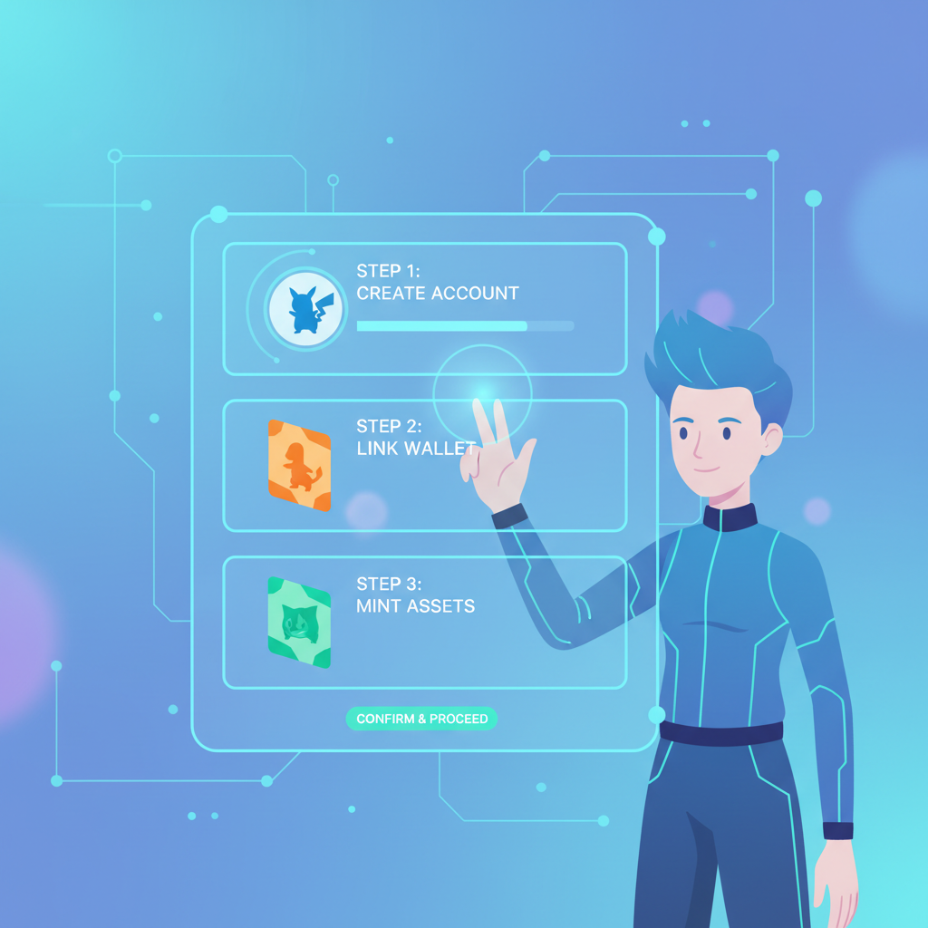 user signing up on futuristic blockchain platform dashboard with Pokémon card icons