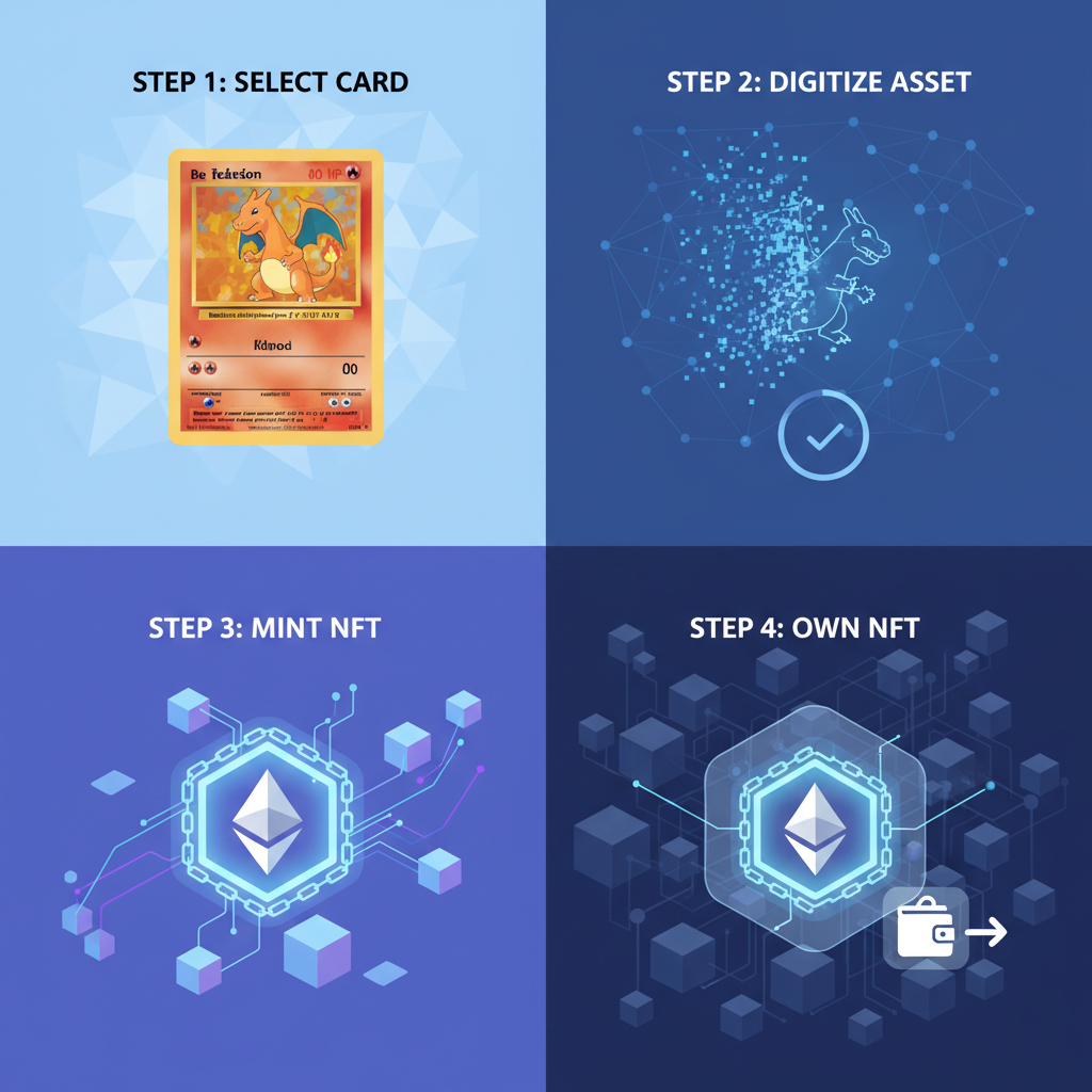 NFT minting animation with Pokémon card transforming into glowing blockchain token