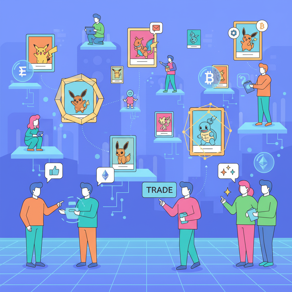 bustling digital marketplace with floating Pokémon NFT cards being traded