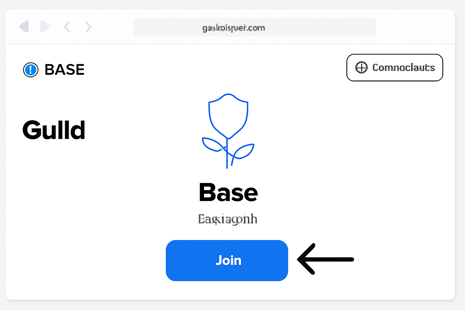 clean browser screenshot of guild.xyz/base guild page, prominent join button highlighted with navigation arrow, Base logo, modern web UI, wallet connect icon visible