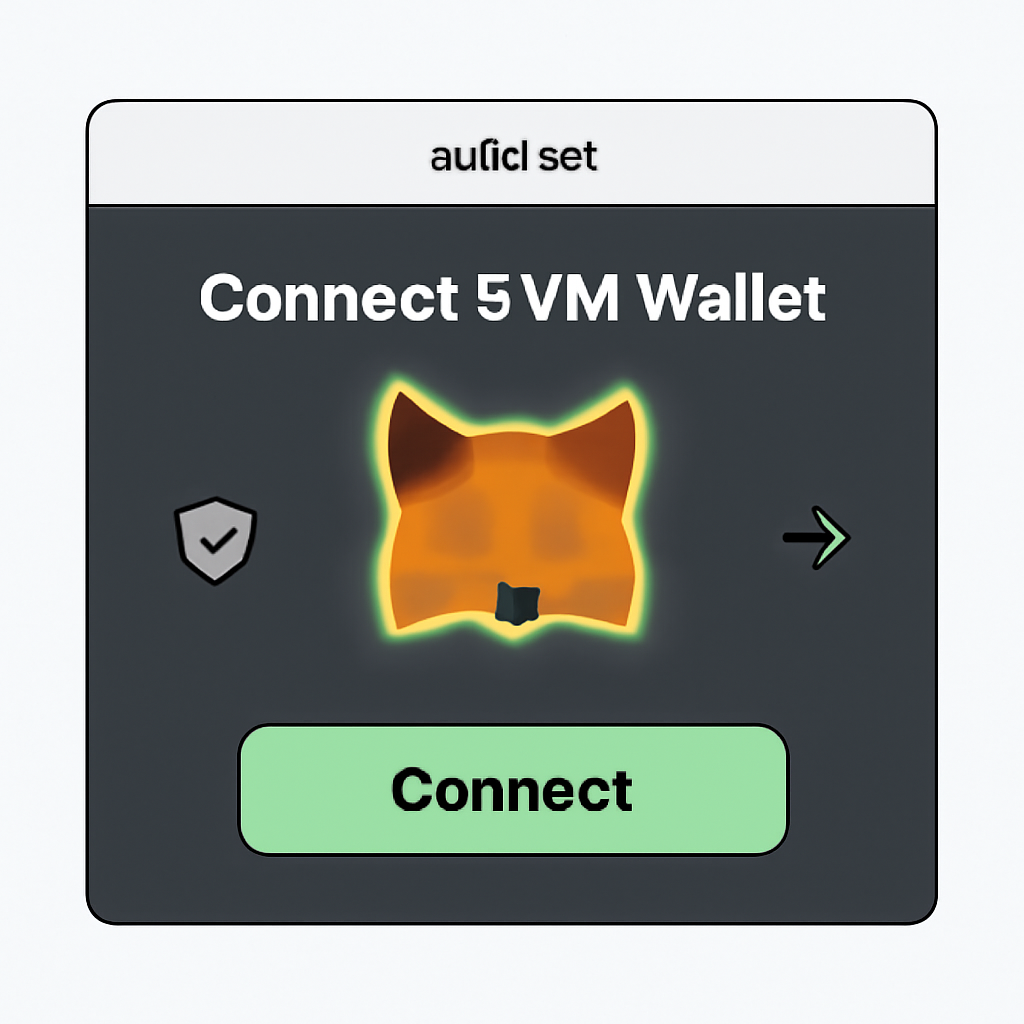 EVM wallet connection modal on guild.xyz, MetaMask icon glowing, green 'Connect' button, navigation arrow to wallet selector, secure connection theme