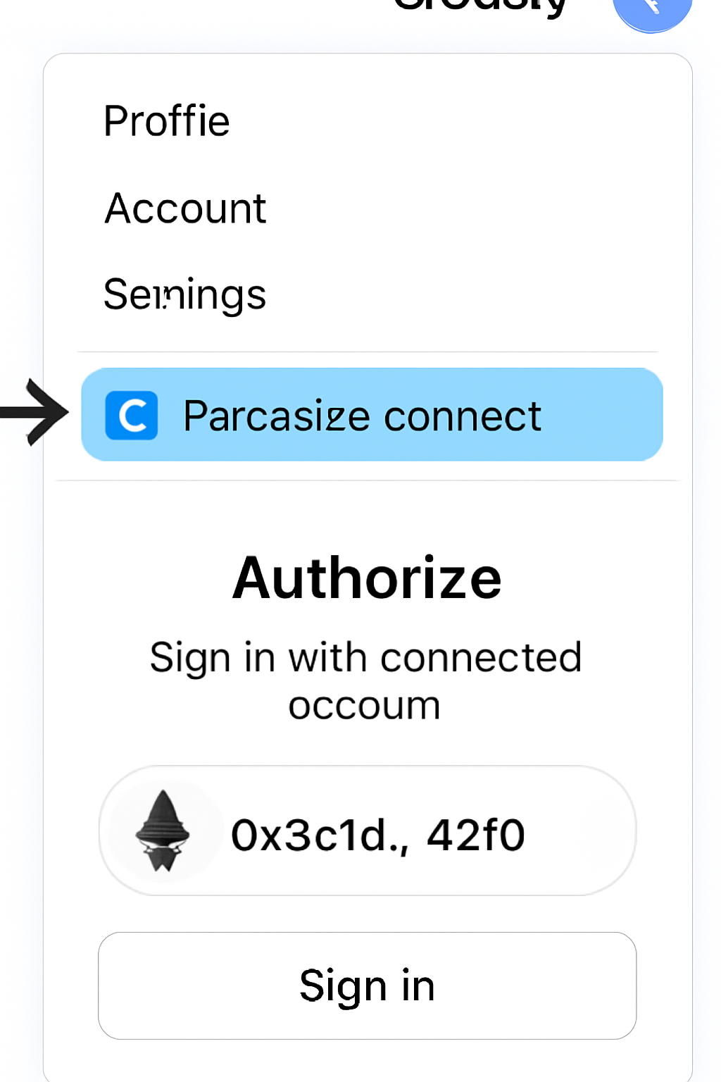 top-right profile menu dropdown on guild.xyz, Farcaster connect button highlighted with arrow, user address visible, simple authorization UI