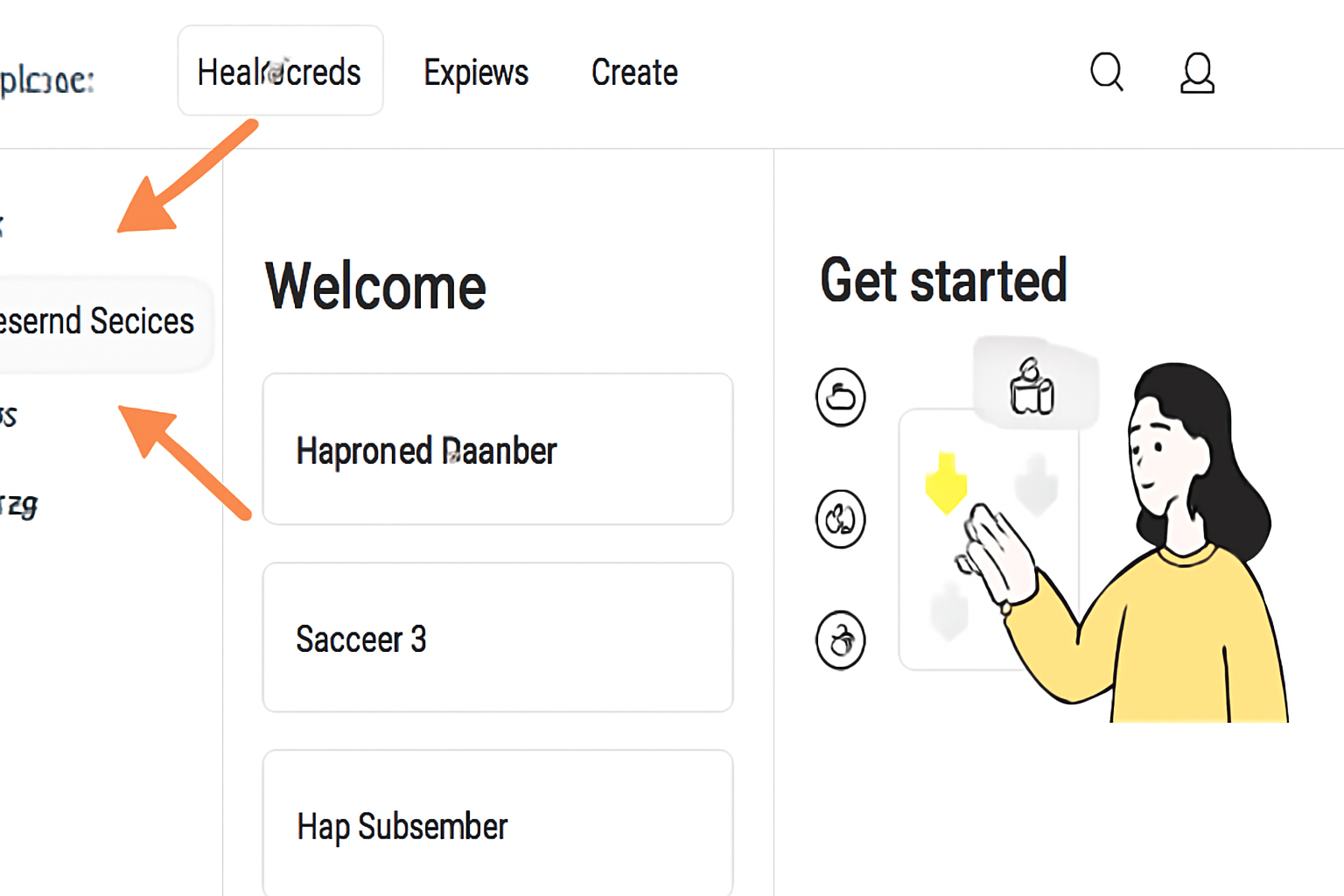 Guild.xyz dashboard screenshot, navigation arrows pointing to 'Creators & Voices' section, highlighted menu tabs, clean interface with role previews